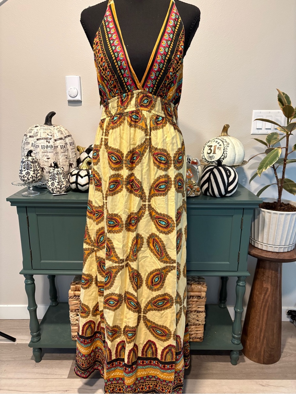 Raviya Yellow Peacock-Print V-Neck Maxi Dress